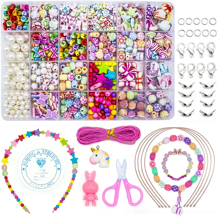 Perlen zum auffädeln kinder Schmuck Schnurset, DIY Freundschaftsarmbänder Halsketten Kunsthandwerks-Set für Mädchen Kinder, 24 Farben (perlen zum auffädeln) – Bild 1