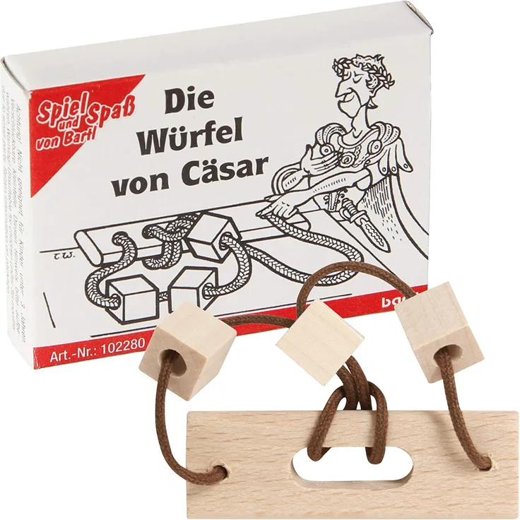 Bartl 102280 Mini-Holz-Puzzle Die Würfel von Cäsar aus 4 kleinen Holzteilen und Einer Schnur