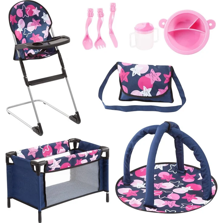 Puppenzubehör-Set Travel mit Reisebett und Hochstuhl (Blau-Pink) – Bild 1