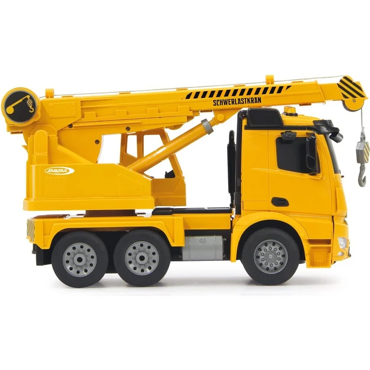 Jamara 404950 - Schwerlastkran Mercedes Arocs 1:20 2,4G – drehbarer und ausfahrbarer Kran, Seil heben / senken, realistischer Motorsound, Hupe, Rückfahrwarnsound, 4 Radantrieb,gelbe LED Signallichter – Bild 6