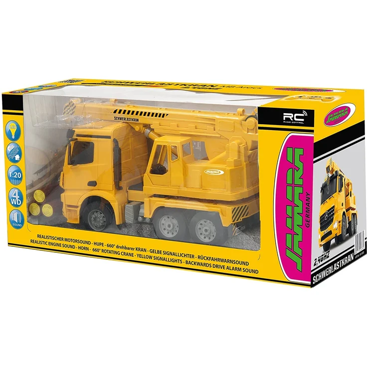Jamara 404950 - Schwerlastkran Mercedes Arocs 1:20 2,4G – drehbarer und ausfahrbarer Kran, Seil heben / senken, realistischer Motorsound, Hupe, Rückfahrwarnsound, 4 Radantrieb,gelbe LED Signallichter – Bild 10
