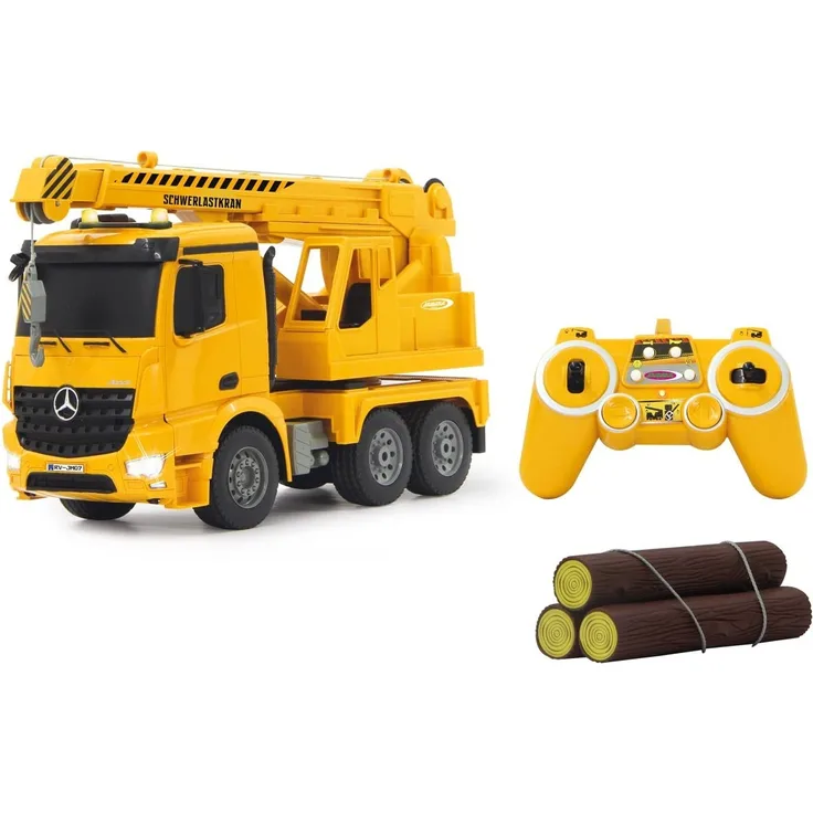 Jamara 404950 - Schwerlastkran Mercedes Arocs 1:20 2,4G – drehbarer und ausfahrbarer Kran, Seil heben / senken, realistischer Motorsound, Hupe, Rückfahrwarnsound, 4 Radantrieb,gelbe LED Signallichter