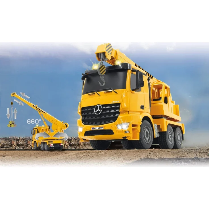 Jamara 404950 - Schwerlastkran Mercedes Arocs 1:20 2,4G – drehbarer und ausfahrbarer Kran, Seil heben / senken, realistischer Motorsound, Hupe, Rückfahrwarnsound, 4 Radantrieb,gelbe LED Signallichter – Bild 2