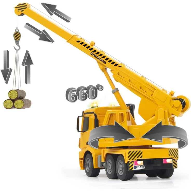 Jamara 404950 - Schwerlastkran Mercedes Arocs 1:20 2,4G – drehbarer und ausfahrbarer Kran, Seil heben / senken, realistischer Motorsound, Hupe, Rückfahrwarnsound, 4 Radantrieb,gelbe LED Signallichter – Bild 4