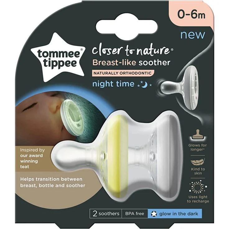 Tommee Tippee Closer to Nature natürlich geformter Beruhigungssauger für die Nacht, 0–6 Monate, 2er-Pack, mehrfarbig – Bild 3
