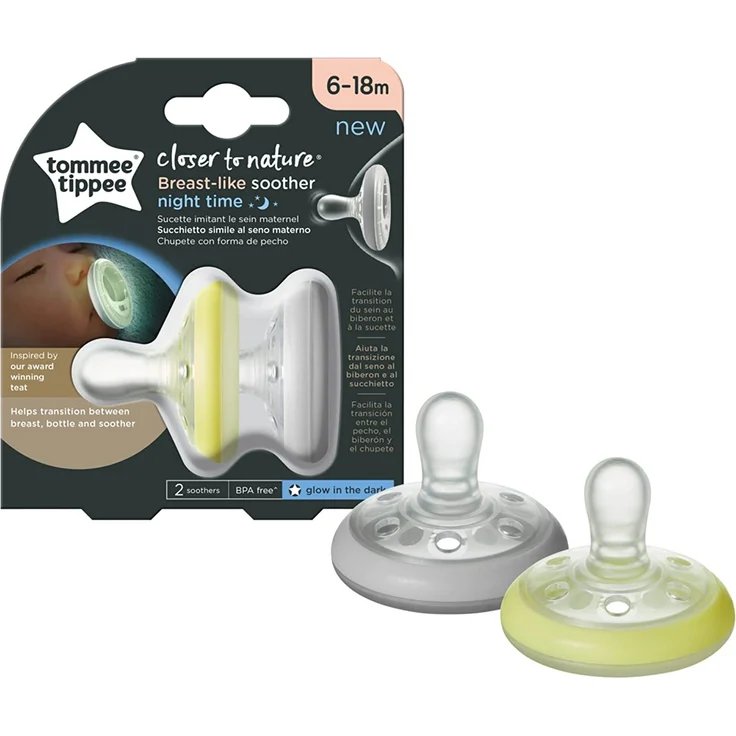Tommee Tippee Closer to Nature natürlich geformter Beruhigungssauger für die Nacht, 0–6 Monate, 2er-Pack, mehrfarbig – Bild 2