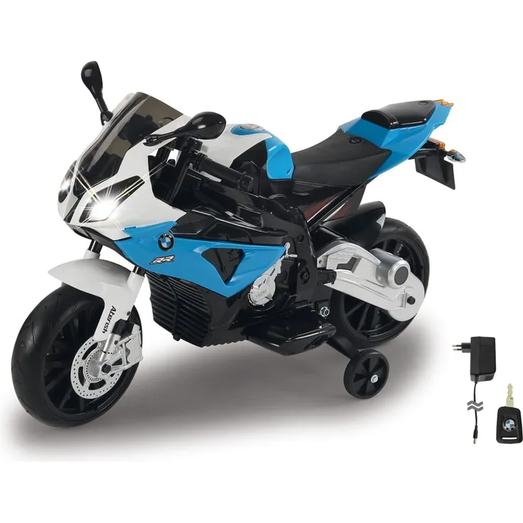 Jamara 460281 Ride-on Motorrad BMW S1000RR blau 12V-2-Gang, leistungsstarker Antriebsmotor & Akku-Fahrzeit bis 90 Min, Hupe & Motorgeräusch, LED-Scheinwerfer, Stützräder abnehmbar, Seitenständer