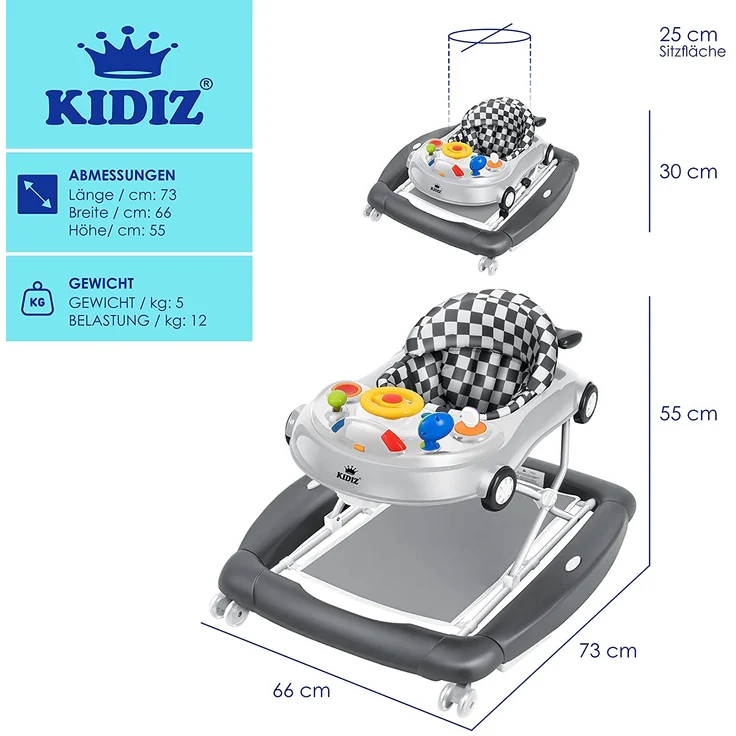 KIDIZ® 4in1 Lauflernhilfe Babywalker Spiel- und Lauflernwagen Gehfrei - Schaukelfunktion Babywippe mit Rollen, Licht, Musik ,Spielecenter Esstisch Laufstuhl Laufhilfe babys ab 6 Monaten Klappbar Grau – Bild 7