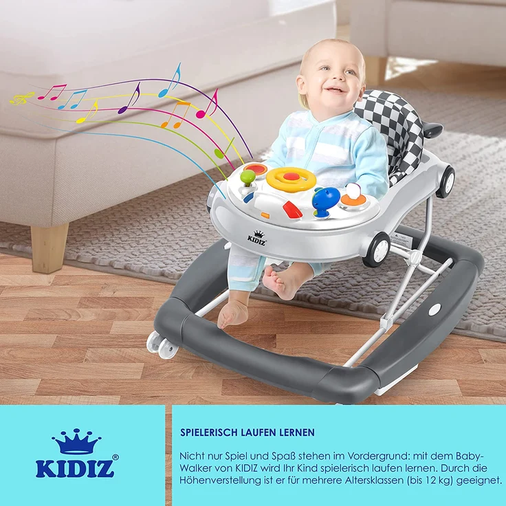 KIDIZ® 4in1 Lauflernhilfe Babywalker Spiel- und Lauflernwagen Gehfrei - Schaukelfunktion Babywippe mit Rollen, Licht, Musik ,Spielecenter Esstisch Laufstuhl Laufhilfe babys ab 6 Monaten Klappbar Grau – Bild 5