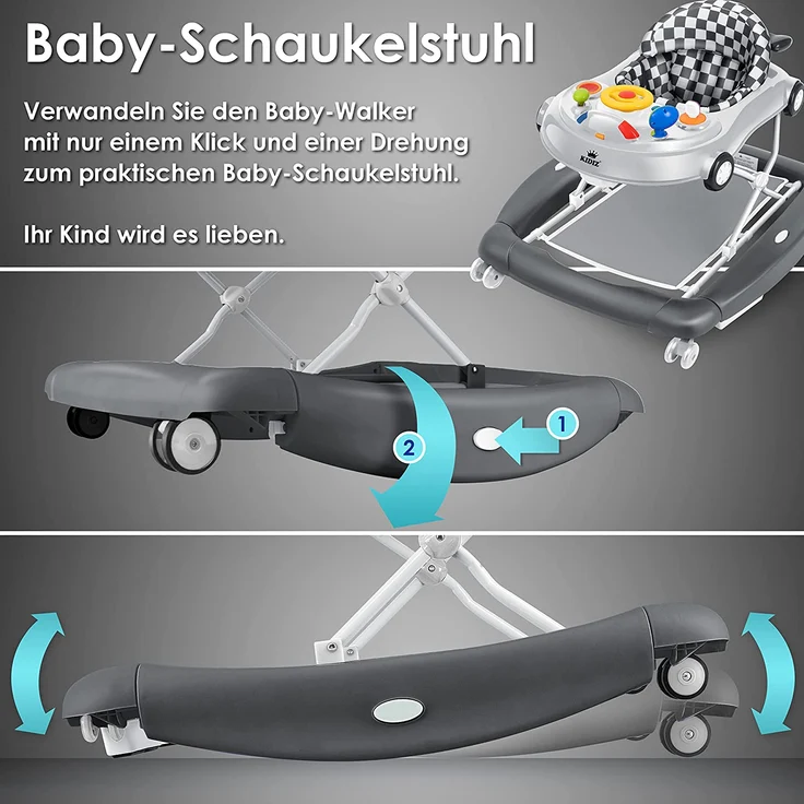 KIDIZ® 4in1 Lauflernhilfe Babywalker Spiel- und Lauflernwagen Gehfrei - Schaukelfunktion Babywippe mit Rollen, Licht, Musik ,Spielecenter Esstisch Laufstuhl Laufhilfe babys ab 6 Monaten Klappbar Grau – Bild 4