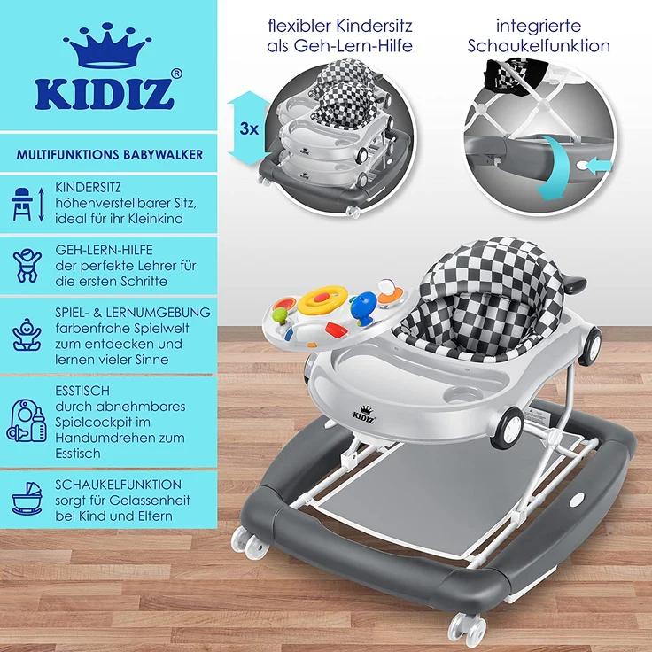 KIDIZ® 4in1 Lauflernhilfe Babywalker Spiel- und Lauflernwagen Gehfrei - Schaukelfunktion Babywippe mit Rollen, Licht, Musik ,Spielecenter Esstisch Laufstuhl Laufhilfe babys ab 6 Monaten Klappbar Grau – Bild 2