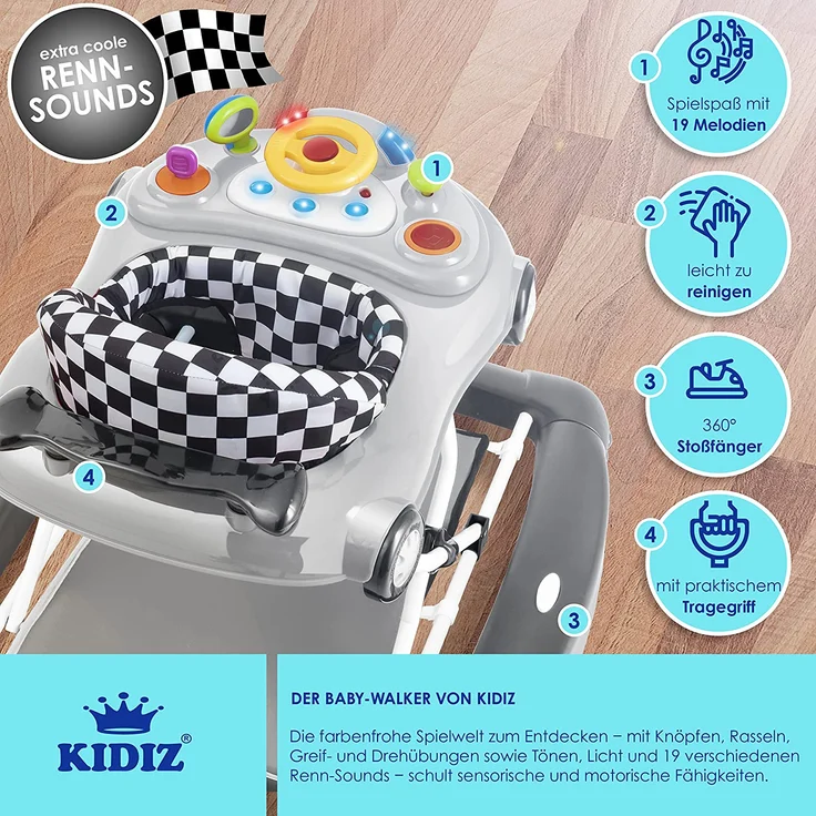 KIDIZ® 4in1 Lauflernhilfe Babywalker Spiel- und Lauflernwagen Gehfrei - Schaukelfunktion Babywippe mit Rollen, Licht, Musik ,Spielecenter Esstisch Laufstuhl Laufhilfe babys ab 6 Monaten Klappbar Grau – Bild 8
