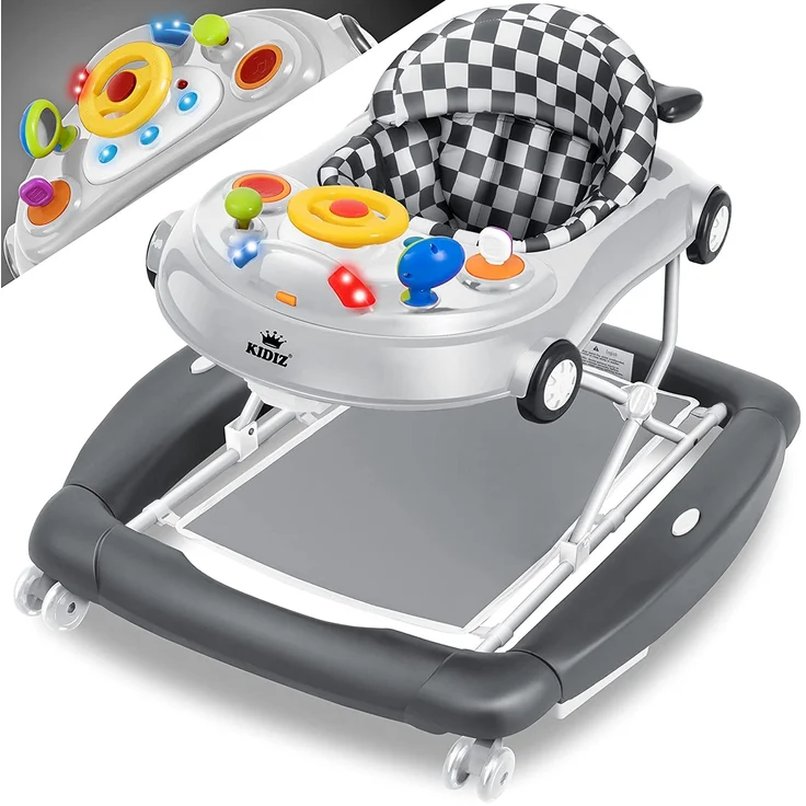 KIDIZ® 4in1 Lauflernhilfe Babywalker Spiel- und Lauflernwagen Gehfrei - Schaukelfunktion Babywippe mit Rollen, Licht, Musik ,Spielecenter Esstisch Laufstuhl Laufhilfe babys ab 6 Monaten Klappbar Grau – Bild 1
