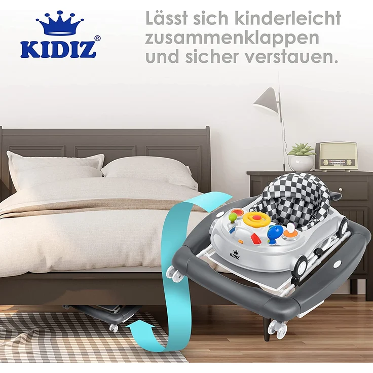 KIDIZ® 4in1 Lauflernhilfe Babywalker Spiel- und Lauflernwagen Gehfrei - Schaukelfunktion Babywippe mit Rollen, Licht, Musik ,Spielecenter Esstisch Laufstuhl Laufhilfe babys ab 6 Monaten Klappbar Grau – Bild 6