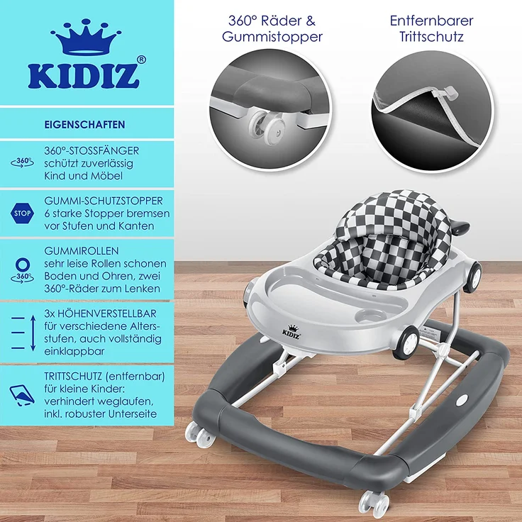 KIDIZ® 4in1 Lauflernhilfe Babywalker Spiel- und Lauflernwagen Gehfrei - Schaukelfunktion Babywippe mit Rollen, Licht, Musik ,Spielecenter Esstisch Laufstuhl Laufhilfe babys ab 6 Monaten Klappbar Grau – Bild 3
