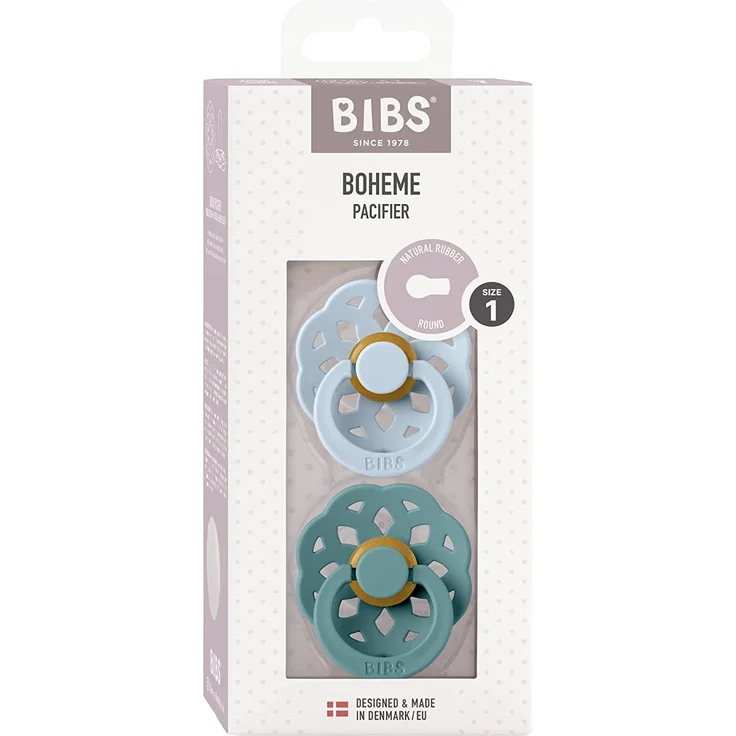 BIBS Boheme Schnuller 2er-Pack. BPA-frei, Symmetrischer Nippel. Naturkautschuk / Latex, Hergestellt in Dänemark. 0-6 Monate (2er Pack), Baby Blue / Island Sea – Bild 3