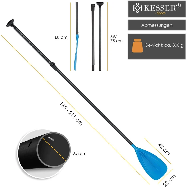 KESSER® Paddle - 3-teilig für Kayak SUP Stand-Up Paddling Board Stechpaddel, Verstellbar Teleskop 165cm-215cm Aluminum für Stand Up Paddel Kajakfahren Surfboard Boot Anti-Rutsch Stecksystem Blau – Bild 7
