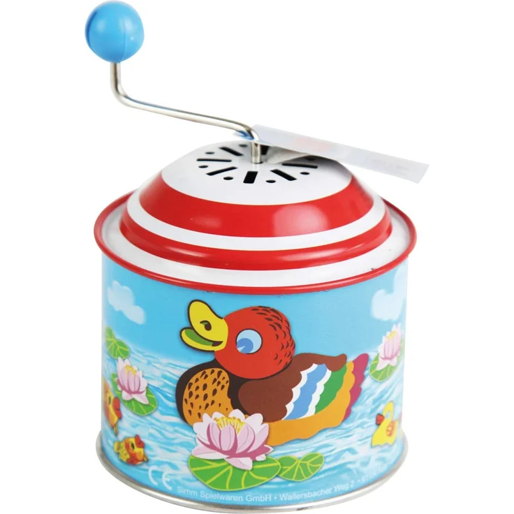 Bolz 52761 Musikdrehdose Kleine Enten, Musikdose ca. 10,5 x 7,5 cm, Blechdrehdose mit Melodie, Drehdose aus Metall, Drehorgel für Kinder ab 18 Monate, Entchen Orgel, bunt – Bild 1