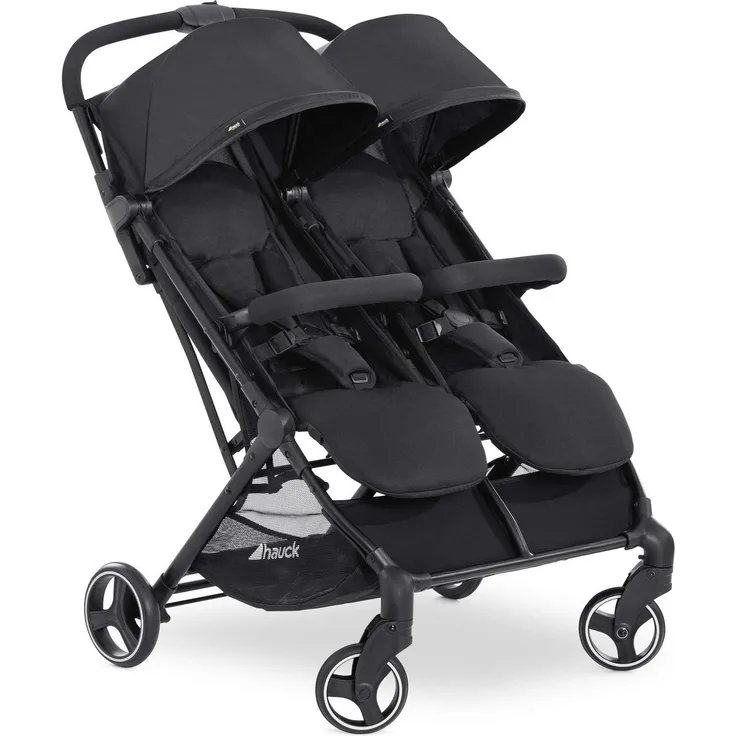 Hauck Geschwister Buggy Swift X Duo / für 2 Kinder / Zwillinge / Einhändig Faltbar / mit Liegeposition ab Geburt / XL Korb / Belastbar bis 36 kg / Individualisierbar mit Wechsel Verdecke / Schwarz