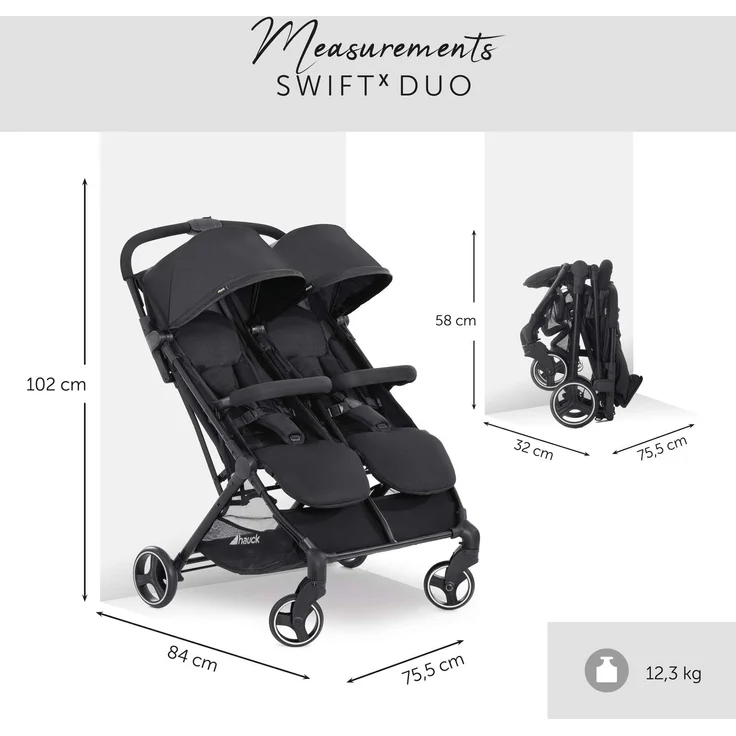 Hauck Geschwister Buggy Swift X Duo / für 2 Kinder / Zwillinge / Einhändig Faltbar / mit Liegeposition ab Geburt / XL Korb / Belastbar bis 36 kg / Individualisierbar mit Wechsel Verdecke / Schwarz – Bild 7