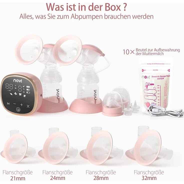 NCVI Milchpumpe Elektrisch, leise Doppel-Milchpumpe inkl. 4 Brusthauben und 10 Muttermilch Frischebeutel, Anti-Rückfluss, 4 Abpump-Modi und 9 Intensitätsstufen, LED-Display, Milch Abpumpen – Bild 8
