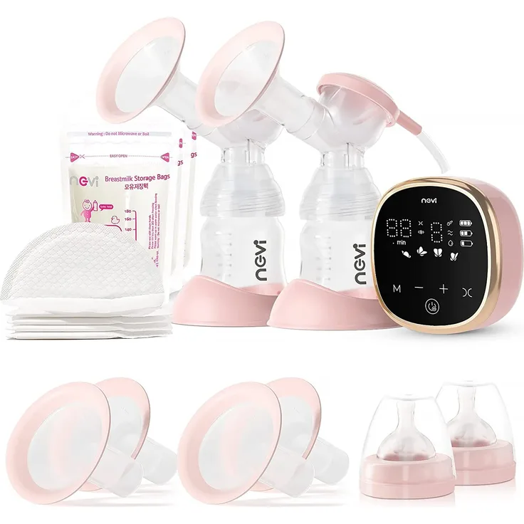 NCVI Milchpumpe Elektrisch, leise Doppel-Milchpumpe inkl. 4 Brusthauben und 10 Muttermilch Frischebeutel, Anti-Rückfluss, 4 Abpump-Modi und 9 Intensitätsstufen, LED-Display, Milch Abpumpen