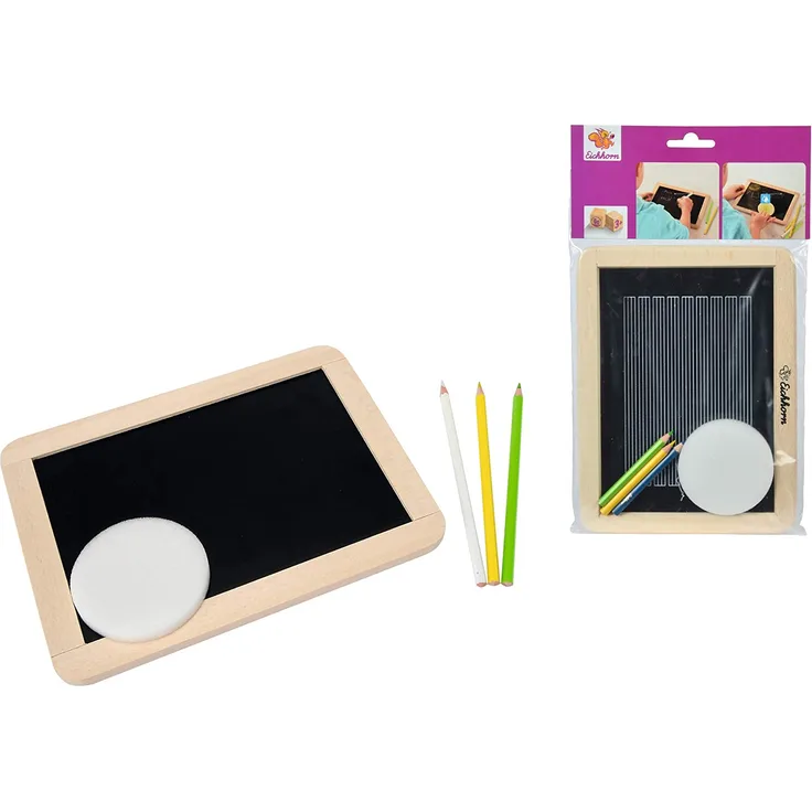 Eichhorn 100002572 - Kleine Schultafel für Buntstifte und Kreide inkl. 3 Stiften und 1 Schwamm, 25x18cm, 5-tlg., Buchenholz