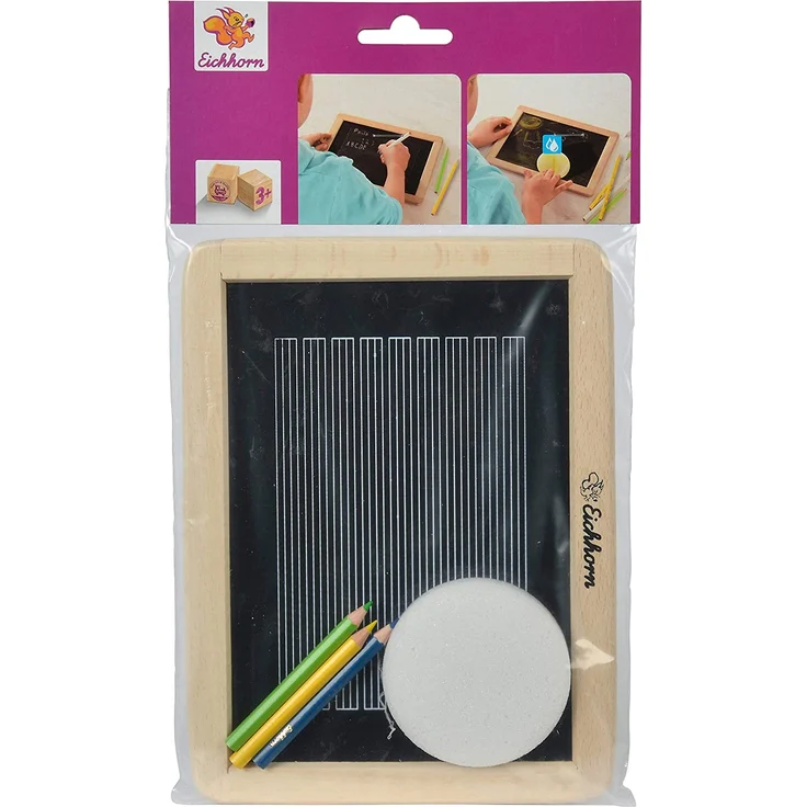Eichhorn 100002572 - Kleine Schultafel für Buntstifte und Kreide inkl. 3 Stiften und 1 Schwamm, 25x18cm, 5-tlg., Buchenholz – Bild 3