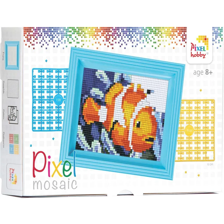 Pixel P31157 Mosaik Geschenkverpackung Nemo, Pixelbild mit Rahmen, kinderleichtes Stecksystem, ohne Bügeln und Kleben, Steinchen aus Biokunststoff