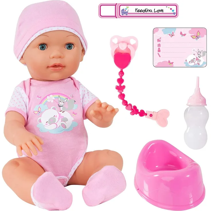 Bayer Design 94209AA Funktionspuppe, Interaktive Puppe Piccolina Love, die PIPI Machen kann, die Augen schließt, inkl. Zubehör, rosa