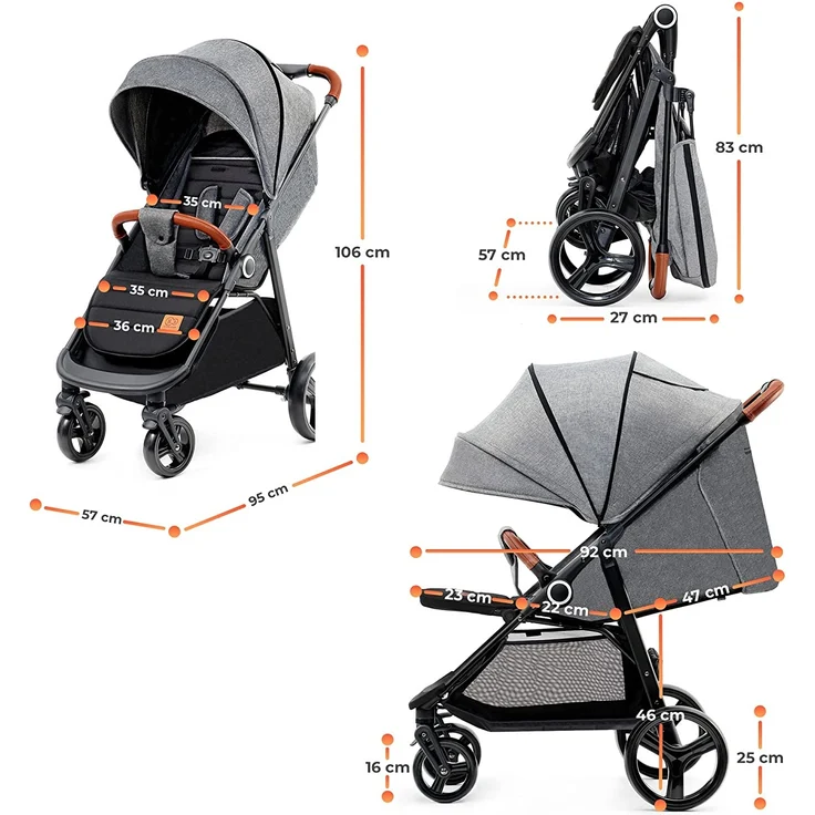 Kinderkraft GRANDE PLUS Kinderkraft buggy von Geburt bis 22 kg, Zusammenklappen mit einer Hand, Liegeposition, großes Verdeck mit Fenster, alle 4 Räder gedämpft, geräumige Sitz, Grau – Bild 6