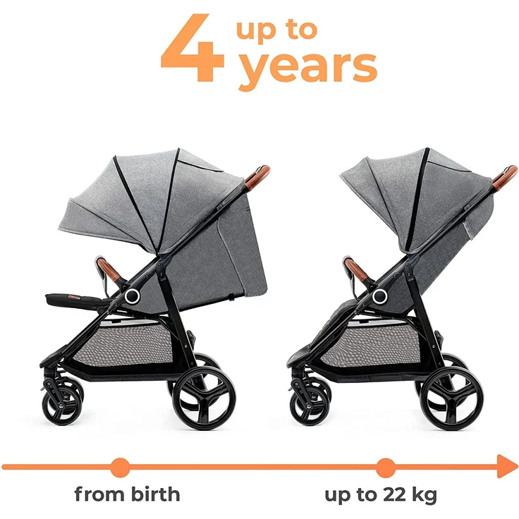 Kinderkraft GRANDE PLUS Kinderkraft buggy von Geburt bis 22 kg, Zusammenklappen mit einer Hand, Liegeposition, großes Verdeck mit Fenster, alle 4 Räder gedämpft, geräumige Sitz, Grau – Bild 2