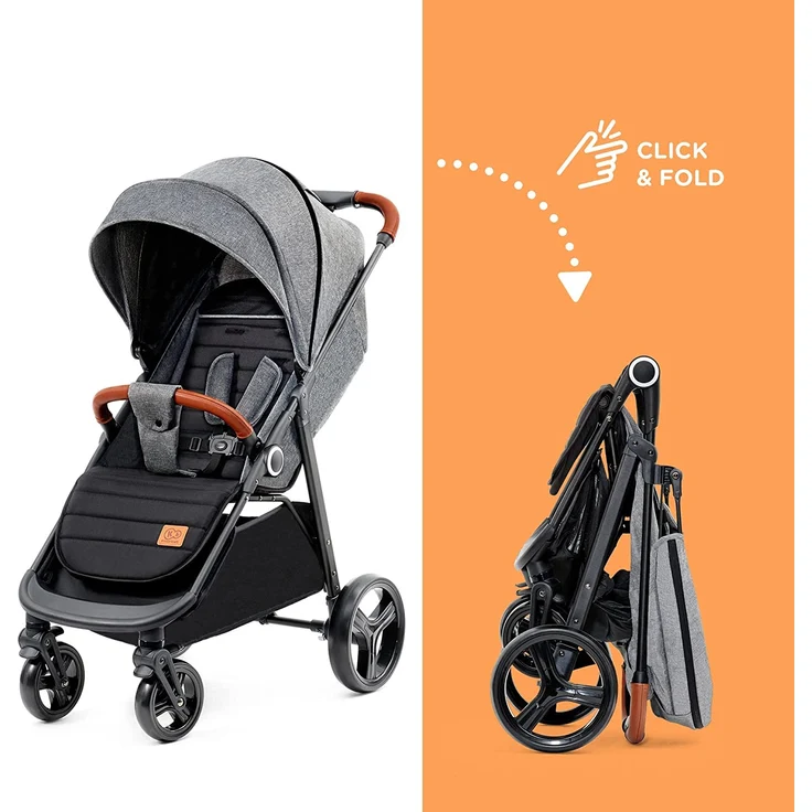 Kinderkraft GRANDE PLUS Kinderkraft buggy von Geburt bis 22 kg, Zusammenklappen mit einer Hand, Liegeposition, großes Verdeck mit Fenster, alle 4 Räder gedämpft, geräumige Sitz, Grau – Bild 3