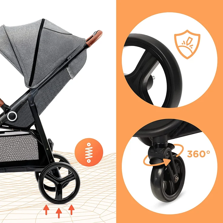 Kinderkraft GRANDE PLUS Kinderkraft buggy von Geburt bis 22 kg, Zusammenklappen mit einer Hand, Liegeposition, großes Verdeck mit Fenster, alle 4 Räder gedämpft, geräumige Sitz, Grau – Bild 4