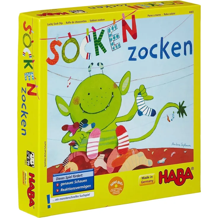 Haba 4465 - Socken zocken, schnelles Suchspiel für 2-6 Spieler von 4-99 Jahren, blitzschnelles Reaktionsspiel mit Tipps zur Sprachförderung, Spiel für die ganze Familie