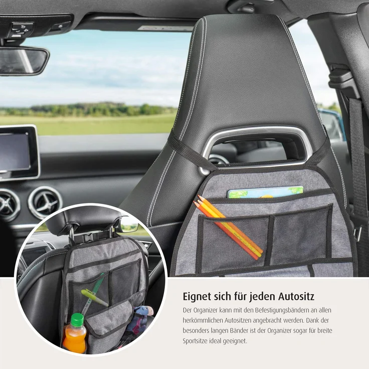 reer Autorücksitz-Organizer TravelKid Tidy, schmutzabweisend, viele Taschen, für alle Autositze, auch Sportsitze, grau – Bild 5
