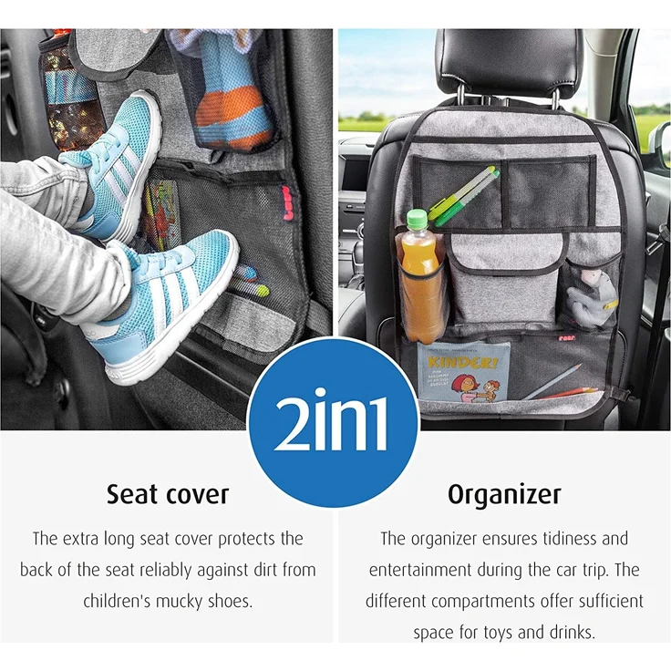 reer Autorücksitz-Organizer TravelKid Tidy, schmutzabweisend, viele Taschen, für alle Autositze, auch Sportsitze, grau – Bild 2