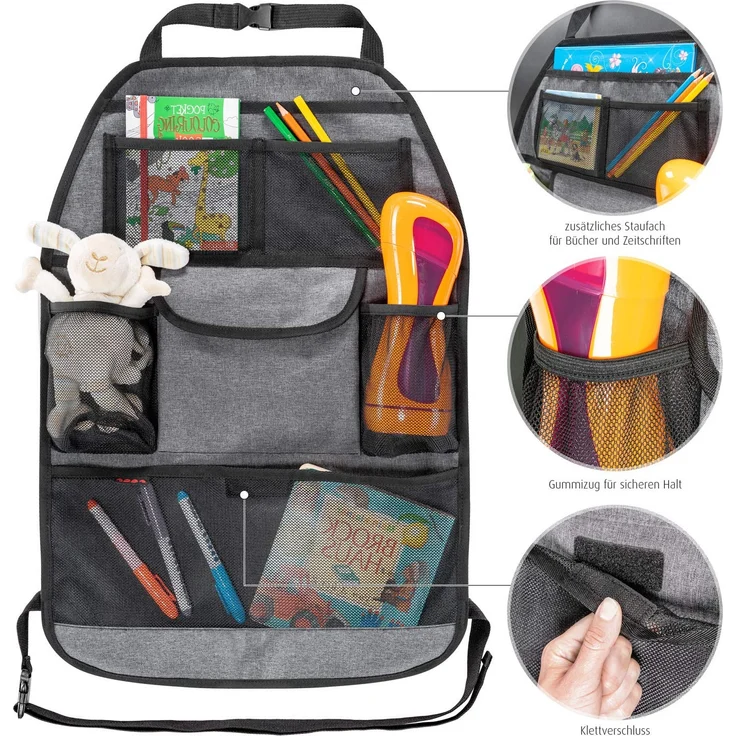 reer Autorücksitz-Organizer TravelKid Tidy, schmutzabweisend, viele Taschen, für alle Autositze, auch Sportsitze, grau – Bild 6