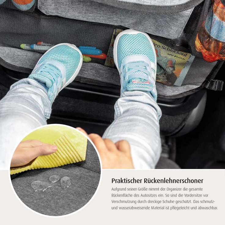 reer Autorücksitz-Organizer TravelKid Tidy, schmutzabweisend, viele Taschen, für alle Autositze, auch Sportsitze, grau – Bild 7