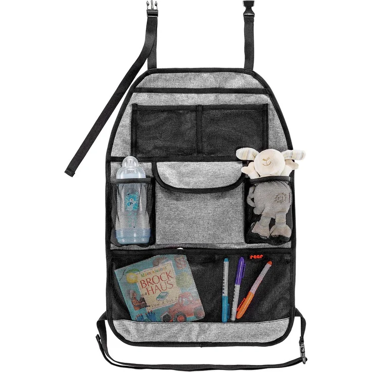 reer Autorücksitz-Organizer TravelKid Tidy, schmutzabweisend, viele Taschen, für alle Autositze, auch Sportsitze, grau – Bild 1