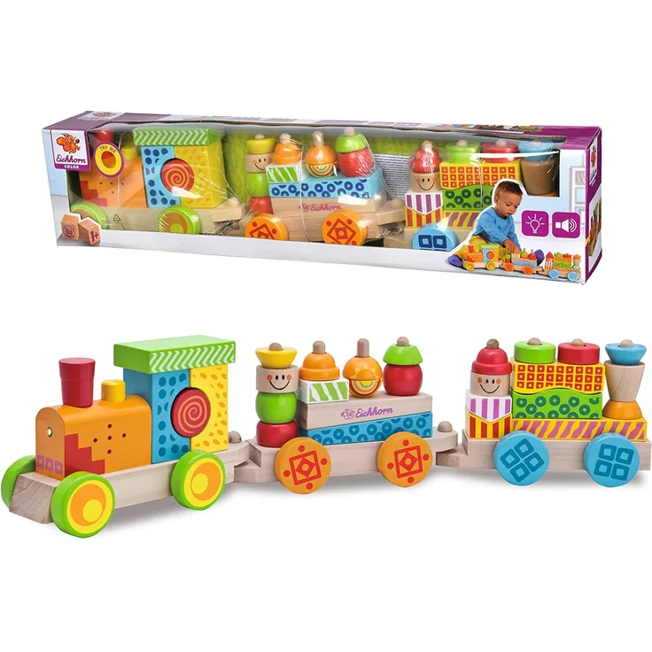 Eichhorn 100002236 - Bunter Zug mit Licht-und Soundfunktion und 28 Bausteinen, 31-tlg., Länge: 59 cm, inkl. Batterien, Birkenholz