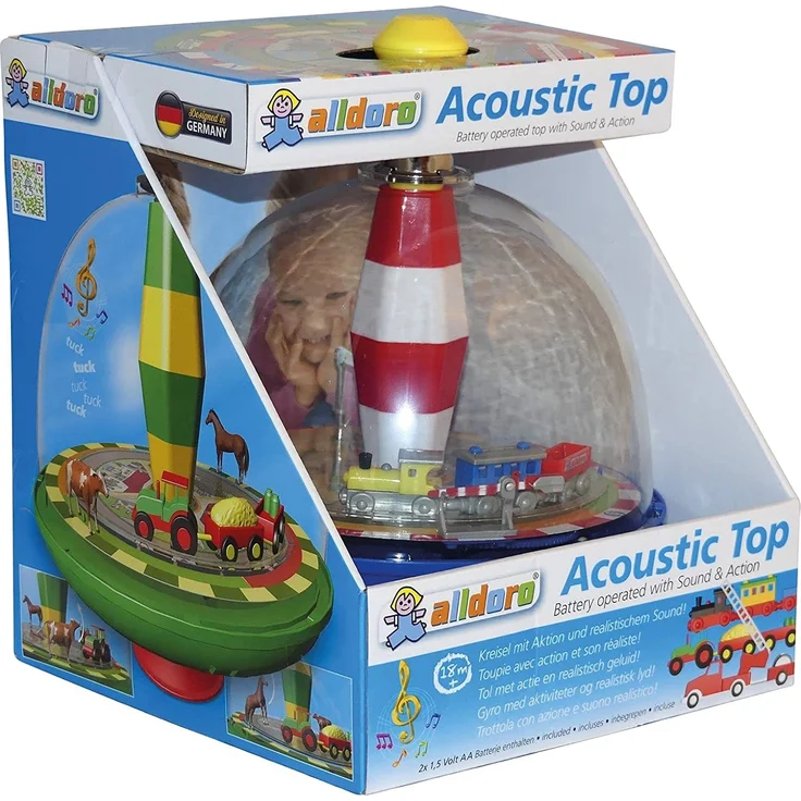 alldoro 68010 - Eisenbahn Panoramakreisel Ø 19 cm, Pumpkreisel mit Sound, Schwungkreisel mit Standfuß, Musikkreisel mit Lokomotive, klassischer Spielzeugkreisel, Kreisel für Kinder ab 18 Monate – Bild 2
