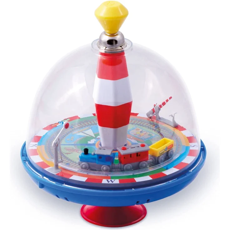 alldoro 68010 - Eisenbahn Panoramakreisel Ø 19 cm, Pumpkreisel mit Sound, Schwungkreisel mit Standfuß, Musikkreisel mit Lokomotive, klassischer Spielzeugkreisel, Kreisel für Kinder ab 18 Monate – Bild 1