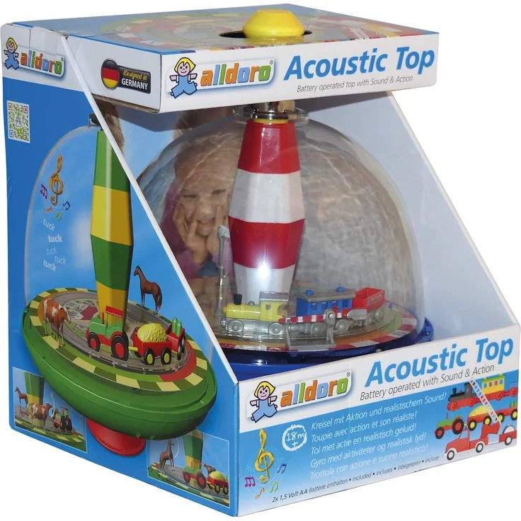 alldoro 68010 - Eisenbahn Panoramakreisel Ø 19 cm, Pumpkreisel mit Sound, Schwungkreisel mit Standfuß, Musikkreisel mit Lokomotive, klassischer Spielzeugkreisel, Kreisel für Kinder ab 18 Monate – Bild 8
