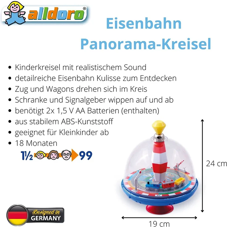 alldoro 68010 - Eisenbahn Panoramakreisel Ø 19 cm, Pumpkreisel mit Sound, Schwungkreisel mit Standfuß, Musikkreisel mit Lokomotive, klassischer Spielzeugkreisel, Kreisel für Kinder ab 18 Monate – Bild 3