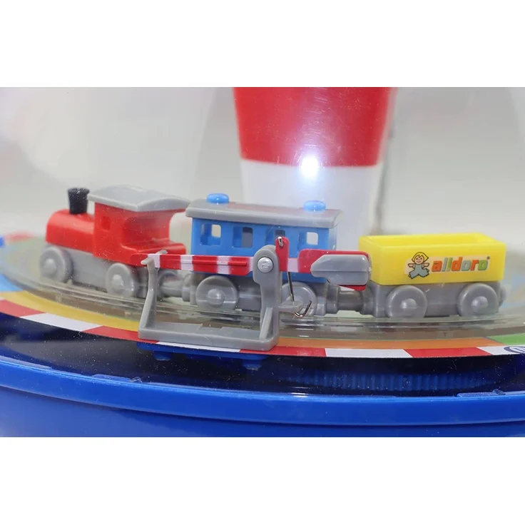 alldoro 68010 - Eisenbahn Panoramakreisel Ø 19 cm, Pumpkreisel mit Sound, Schwungkreisel mit Standfuß, Musikkreisel mit Lokomotive, klassischer Spielzeugkreisel, Kreisel für Kinder ab 18 Monate – Bild 4