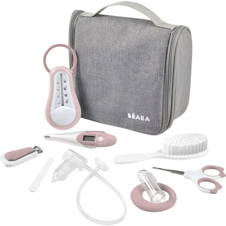 BÉABA - Kulturbeutel für Babys unterwegs - 9 Teile inklusiv : Badethermometer, Digitalthermometer, Beißring, Zahnfleischmassagegerät, Nasensekretsauger - Altrosa