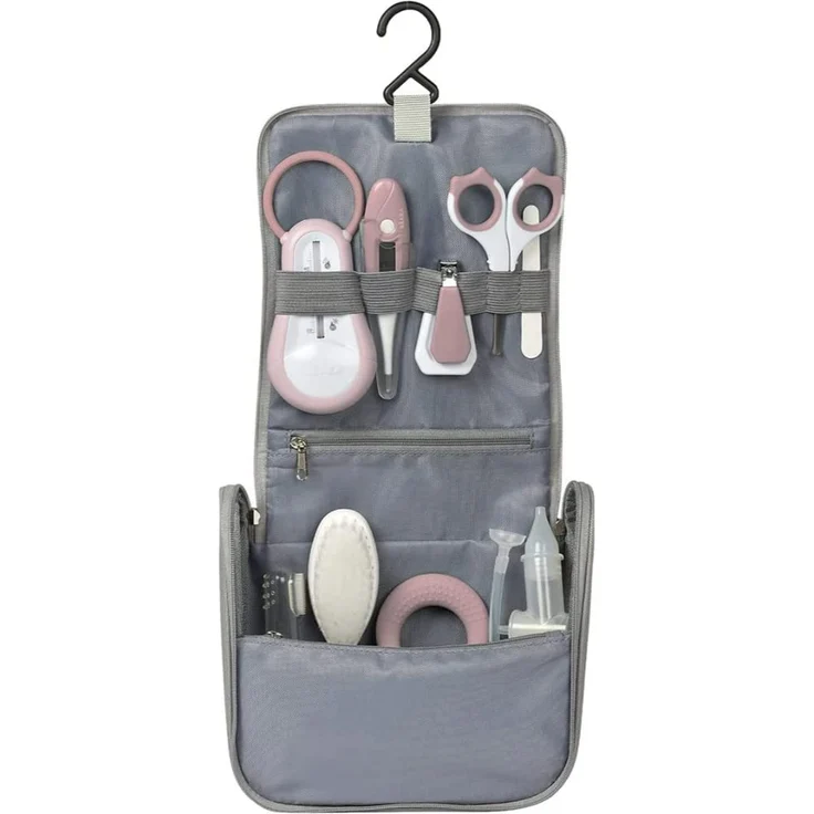 BÉABA - Kulturbeutel für Babys unterwegs - 9 Teile inklusiv : Badethermometer, Digitalthermometer, Beißring, Zahnfleischmassagegerät, Nasensekretsauger - Altrosa – Bild 2