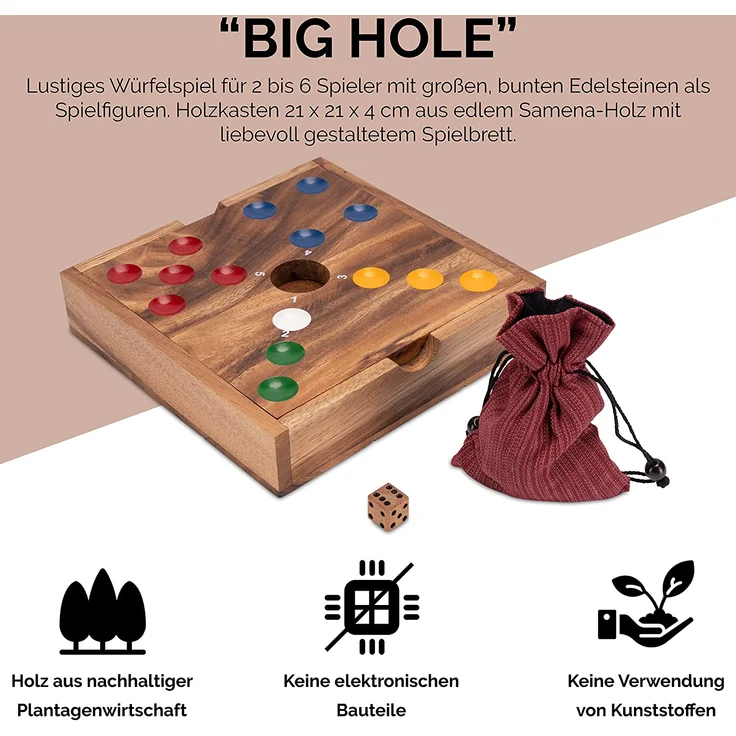 Big Hole für 2 bis 6 Spieler - Spielfeld 21 x 21 cm - aus Holz mit Edelsteinen – Bild 2