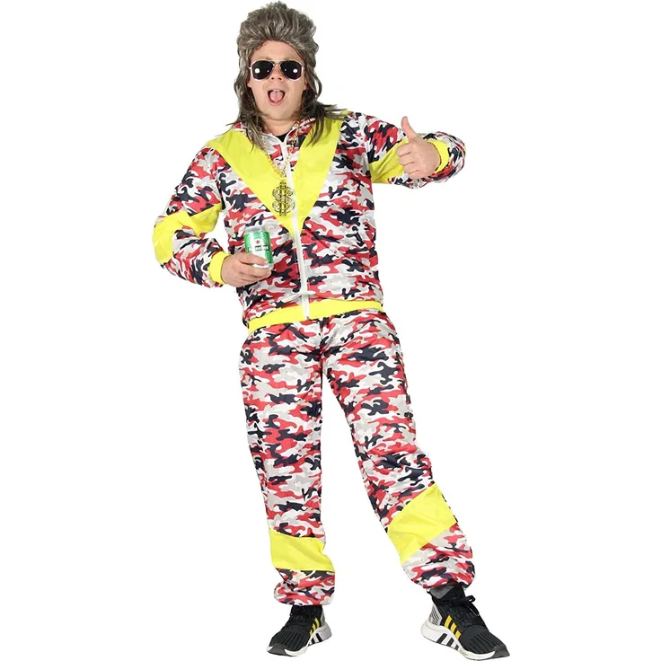 Foxxeo 80er Jahre Kostüm für Erwachsene Premium 80s Trainingsanzug Assianzug Assi - Herren Größe S-XXXXL - Fasching Karneval Anzug, Farbe Camouflage rot, Größe: L